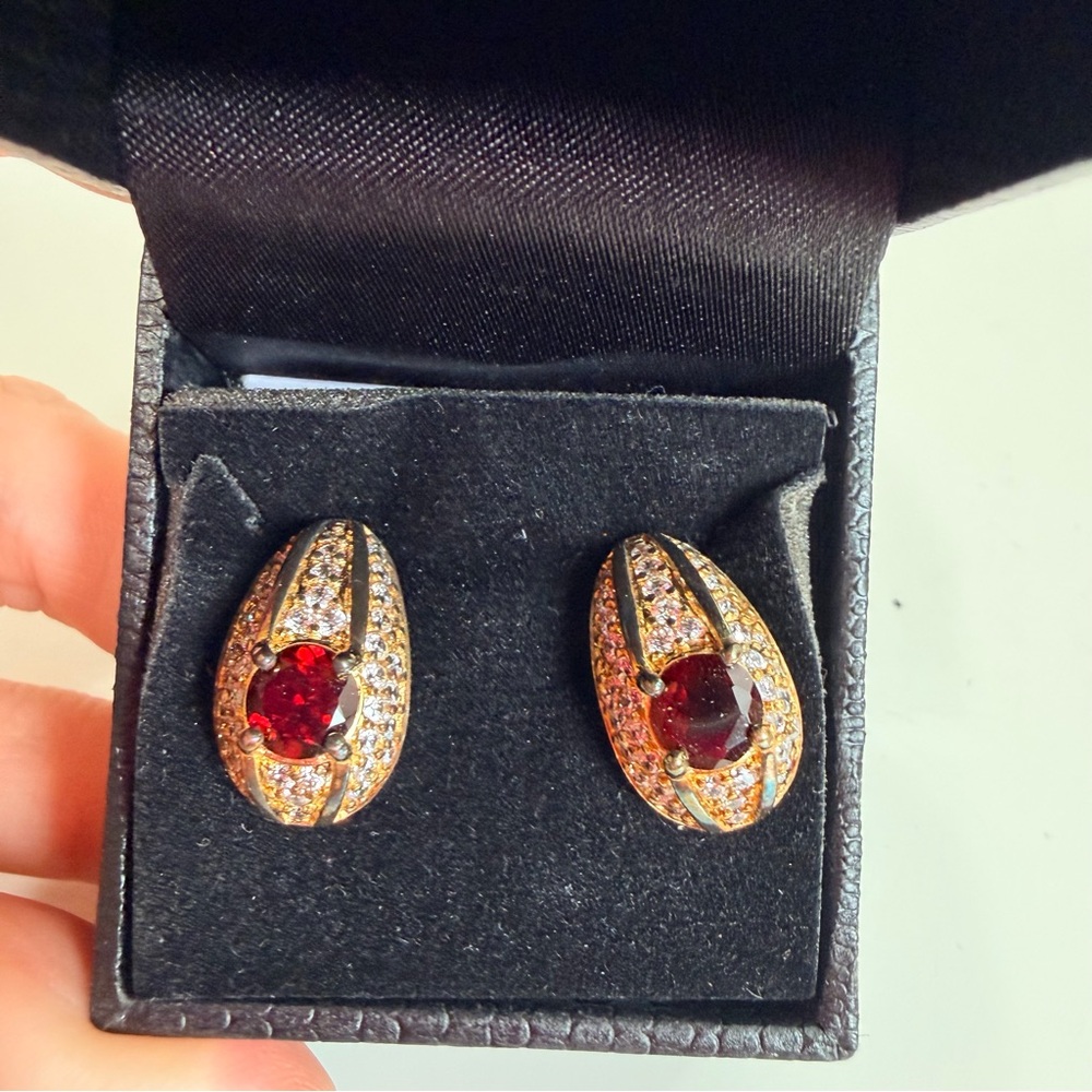 Gold Coast 14K Gold Plated Red Gemstone Diamond Statement Stud Earrings
